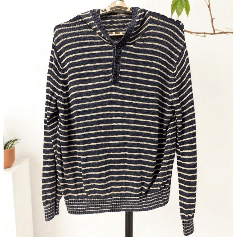 VINCE Pullover Hooded Sweater Size XXL Navy Blue White Striped‎